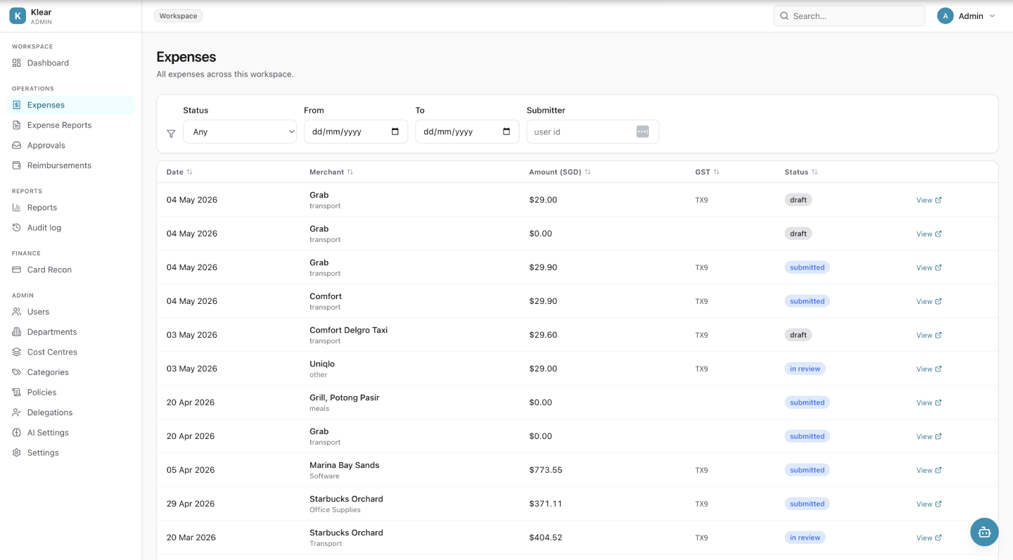 Klear finance dashboard showing expense pipeline and GST F5 report